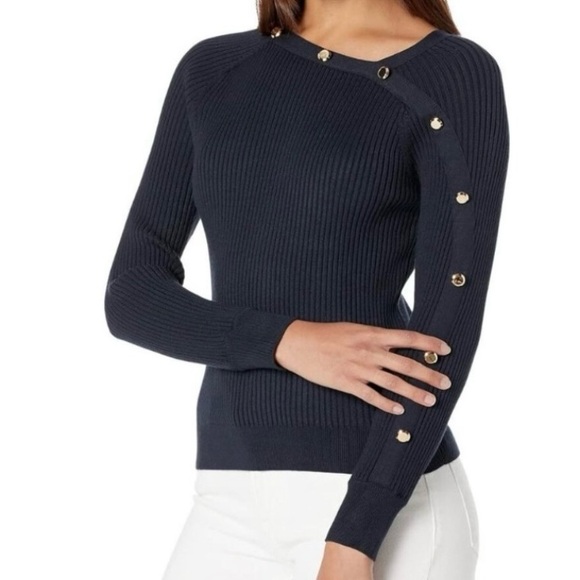 Milly Sweaters - Milly Assymetric Placket Blue Ribbed Pullover Fine Sweater Goldtone Buttons M
